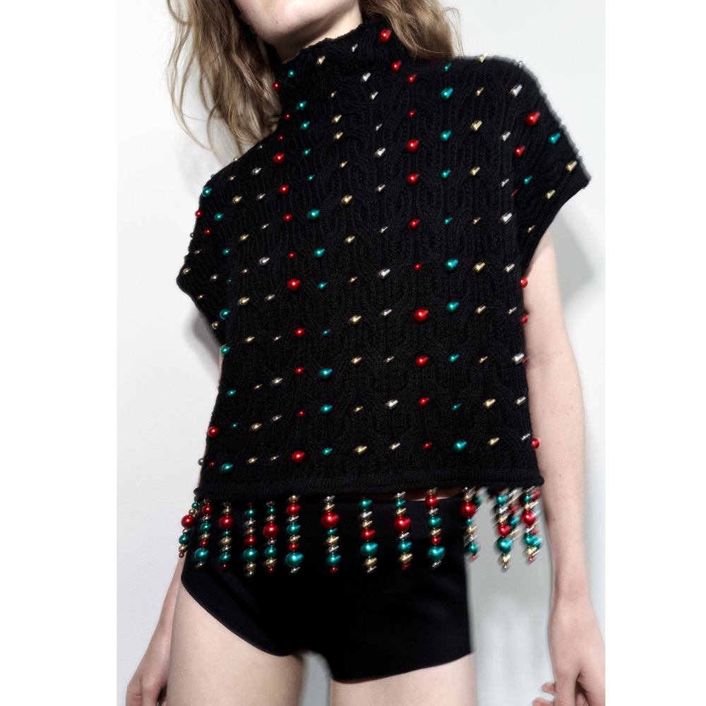 Zara PEARL FRINGED KNIT CHRISTMAS VEST